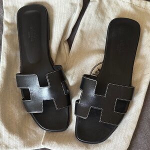 Hermes Black Leather Sandals